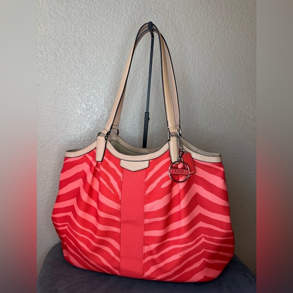 Coach Handbags - Coach Zebra Stripe Canvas Shoulder Tote w/ Double Hang Tags Beige Leather Trim